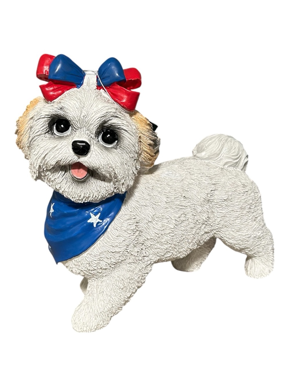 Patriotic White Dog Figurine with Blue Bandana and Red Bow 10” Tall